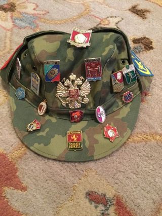 Vintage Ussr Russian Military Cap Hat With 18 Pins And 2 Patches