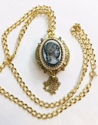 Gorgeous Vintage Authentic Lucerne Cameo Watch Pendant On Gold Tone Neck Chain