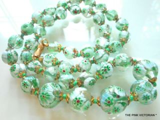 Vintage Venetian Murano Graduated Art Glass Bead Necklace 20 " Minty Greens