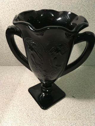 Vintage Solid Black Glass Vase With Scene Of Women On It