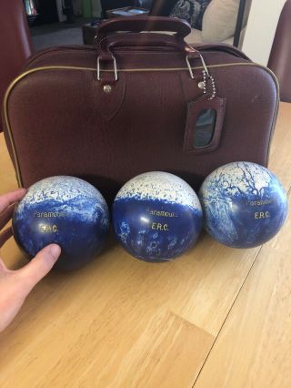 Vtg Paramount Duckpin Candlepin Bowling Balls Set Of 3 Blue Swirl In Carry Bag