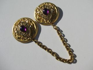 Vintage Gold Gilt Rococo Hot Pink Fushia Cabochon Lucite Stone Chatelaine Brooch