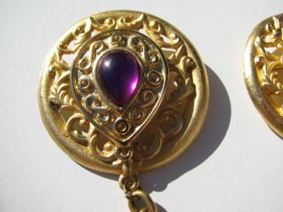 VINTAGE GOLD GILT ROCOCO HOT PINK FUSHIA CABOCHON LUCITE STONE CHATELAINE BROOCH 2