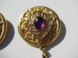 VINTAGE GOLD GILT ROCOCO HOT PINK FUSHIA CABOCHON LUCITE STONE CHATELAINE BROOCH 3