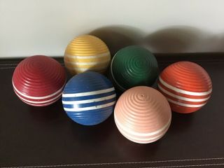 Set Of 6 Vintage 3 " Wooden Triple Striped & Ribbed Croquet Balls