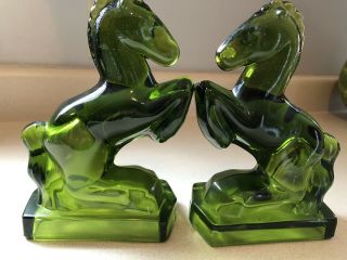 Vintage Rearing Horse Bookends L E Smith Emerald Green Heavy Glass