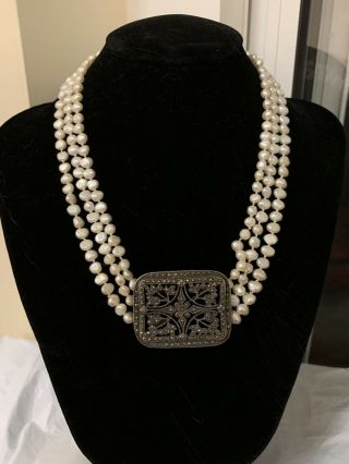 Vintage Signed 925 Sterling Silver Pearls Multi Strands Necklace Brooch