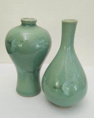 Vintage Celadon Vases With Storks / Cranes - Korean ?