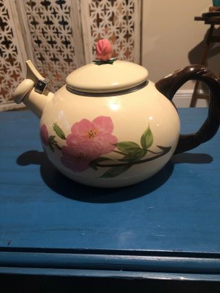 Vintage Franciscan Desert Rose Metal Enamel Tea Kettle Teapot Rosebud Lid