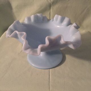 Vintage Light Blue Fenton Milk Glass Footed Double Ruffle Rim Compote Dish