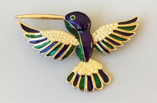 Unique Vintage Large Hummingbird Pin/brooch In Enamel On Gold Tone Metal With Cr