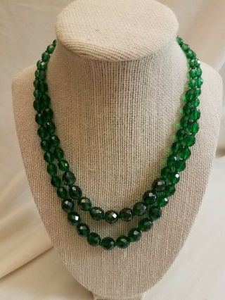 Vintage Faceted Green Glass Two Strand Bead Necklace Signed W Germany