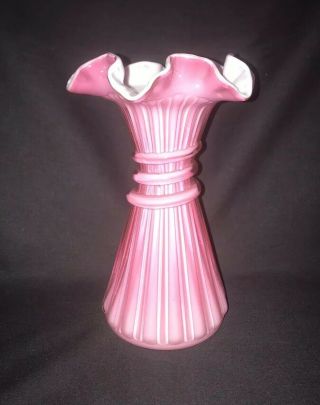 Vintage Fenton Art Glass Dusty Rose/pink Overlay Wheat Vase
