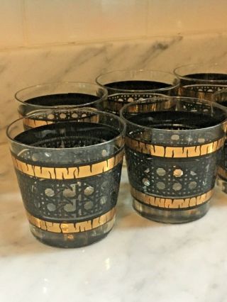 Set Of 8 Mid - Century Culver Black Gold Cane Vintage Whiskey Glasses Retro