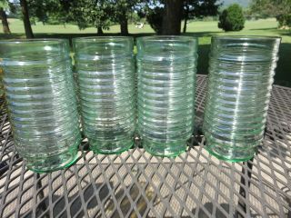 4 Vintage Anchor Hocking Green Glass Ribbed Manhattan Style 6 " Clear Tumblers