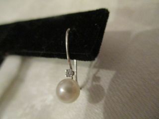 Vintage 10k White Gold Pearl & Diamond French Wire Earrings