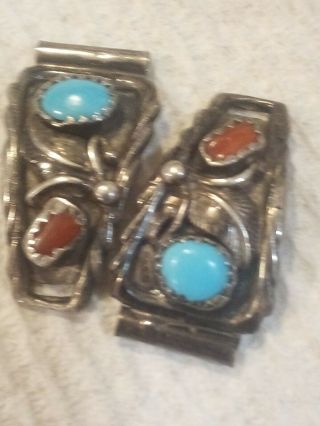 Vintage Sterling Silver Navajo Turquoise Coral Watch Tips Signed Rb