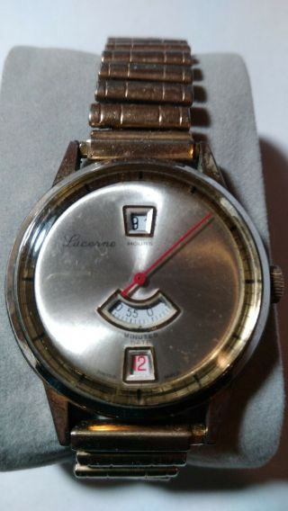 Rare Unusual Mens Lucerne Vintage Jump Hour With Date Window Good