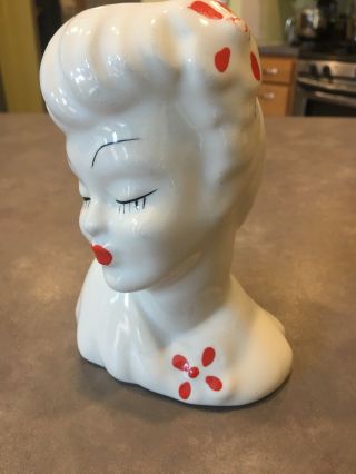 Vintage Lady Head Vase Planter Painted Black Red Porcelain Ceramic 2
