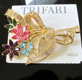 Vtg Trifari Pastel Navette Ice Rhinestone Ribbon Bow Floral Brooch Pin