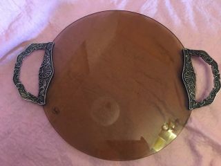 Brown Amber Glass Round Serving Tray With 2 Metal Handles Studio Silversmith Vtg