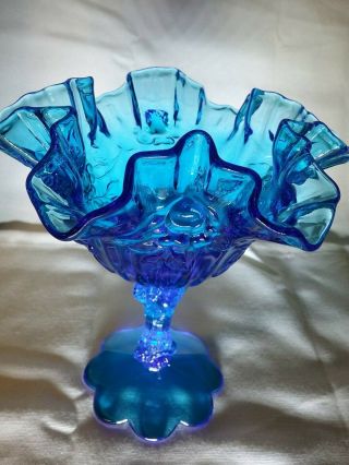 Vintage Fenton Teal Blue Glass Ruffled Edge Candy Dish Compote Cabbage Rose Usa