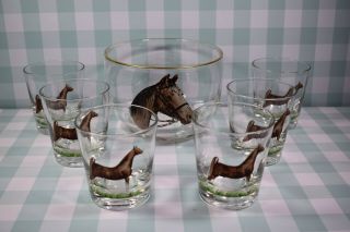 Vintage Horse Cocktail Glasses And Ice Bucket