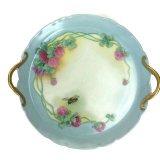 Vintage Tettau Bavaria Hand Painted Porcelain Handled Cake Plate Floral Bee 9 "