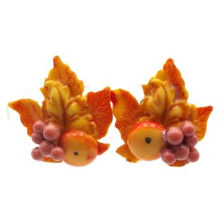 Vintage Maple Leaf And Fruit Plastic Resin Gold Tone Clip On Earrings 1 Inch