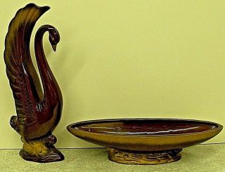Vintage Art Deco Style Red/brown W/gold Swan & Planter Terracotta Japan