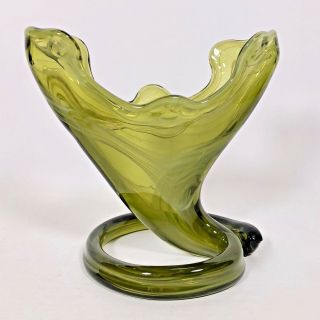 Vintage Abstract Glass Blown Vase Art Deco Green Unique " Uterus " Flower Vase