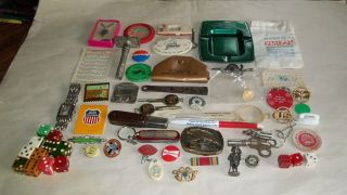 Vintage Junk Drawer.  Dice,  Barlow Knife,  Pinbacks,  Ducks Unlimited,  Advertising