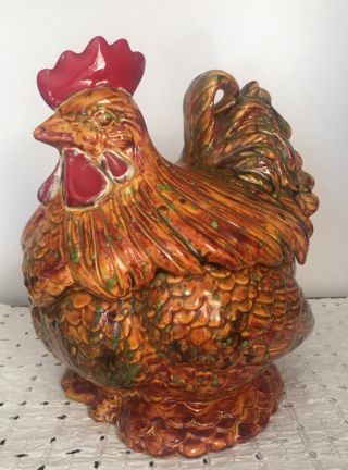 Vintage Atlantic Mold Hand Painted Ceramic Hen Rooster Chicken Cookie Jar Farm 2