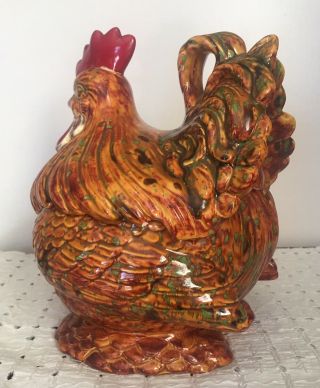 Vintage Atlantic Mold Hand Painted Ceramic Hen Rooster Chicken Cookie Jar Farm 3