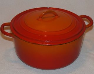 Descoware Cast Iron Enamel Red Orange Pot Two Handle & Lid 2 - D 8 Fe Vintage
