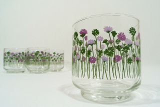 Vintage Libbey Purple Flower Green Stems Juice Drinking Glasses Set Of 6