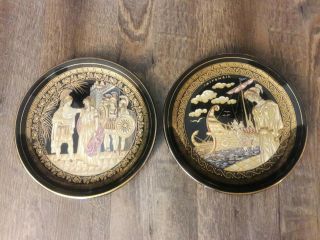 Two (2) Skratimenos Vintage Hanging Plates Hand Painted 24 K Gold Made In Greece