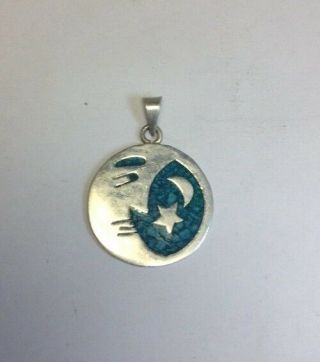 Vintage Taxco Sterling Silver Smiling Sun Moon & Stars Turquoise Pendant P14
