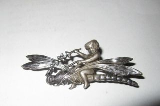Vintage Sterling Silver.  925 Cherub On Dragonfly Brooch / Pin Art Nouveau