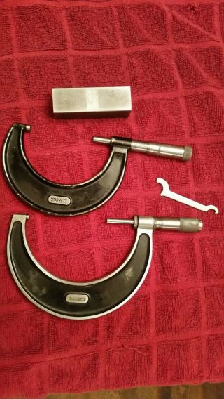 Two Vintage Starrett Micrometers 2 To 3 " And 3 To 4 " With 3 " Standard & Wrench