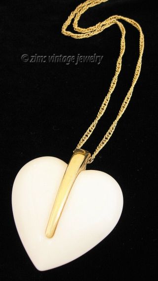 Vintage Trifari Large Gold Cream White Lucite Puffed Heart Pendant Long Necklace