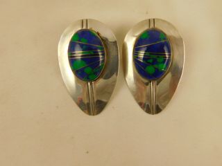 Vintage Signed Sterling Silver Azurite Inlay Large Oval Earrings 18.  4 Grams