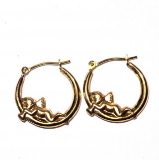 14k Yellow Gold Ladies Angel Hoop Earrings 1.  1g Estate Womens Vintage
