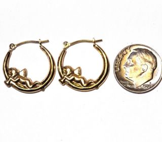 14k yellow gold ladies angel hoop earrings 1.  1g estate womens vintage 2