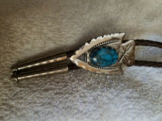 Vtg Men Bolo Tie Turquoise Arrow Head Old Western Country Leather&silver Tips