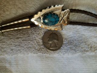 Vtg Men BOLO TIE Turquoise Arrow Head old Western Country Leather&Silver tips 3