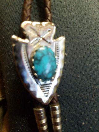 Vtg Men BOLO TIE Turquoise Arrow Head old Western Country Leather&Silver tips 4