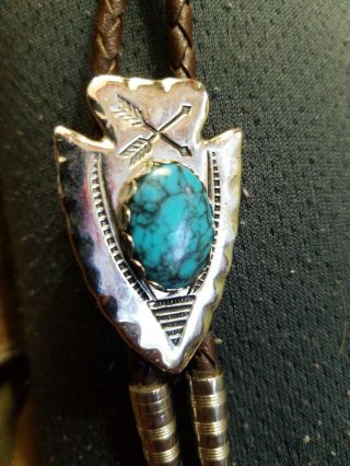 Vtg Men BOLO TIE Turquoise Arrow Head old Western Country Leather&Silver tips 5
