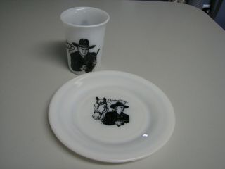 Vintage Hopalong Cassidy 2 Pc Set Milk Glass And Plate Cowboy & Horse 1950’s