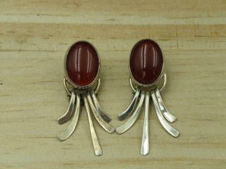 Vintage Cii Mexico Sterling Silver Red Carnelian Art Deco Earrings